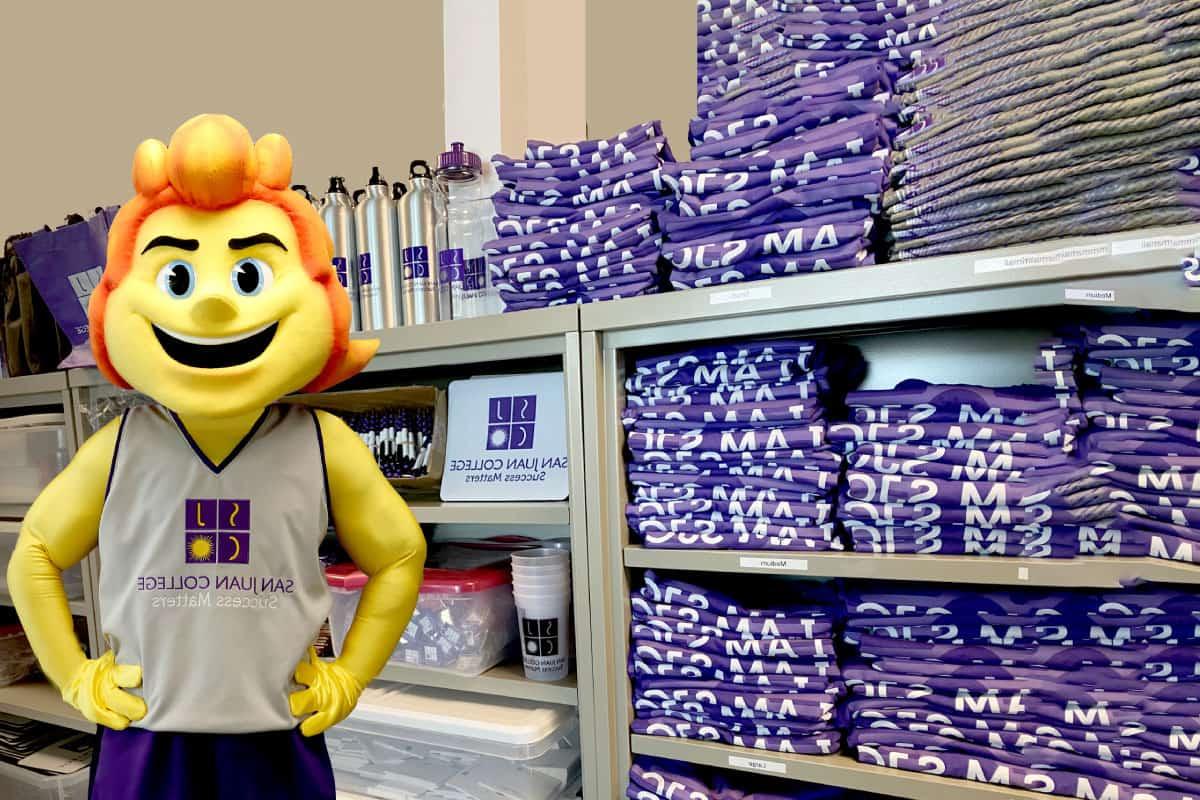 SJC's Sun Mascot Blaze is hanging out in the Marketing and Public Relations department
